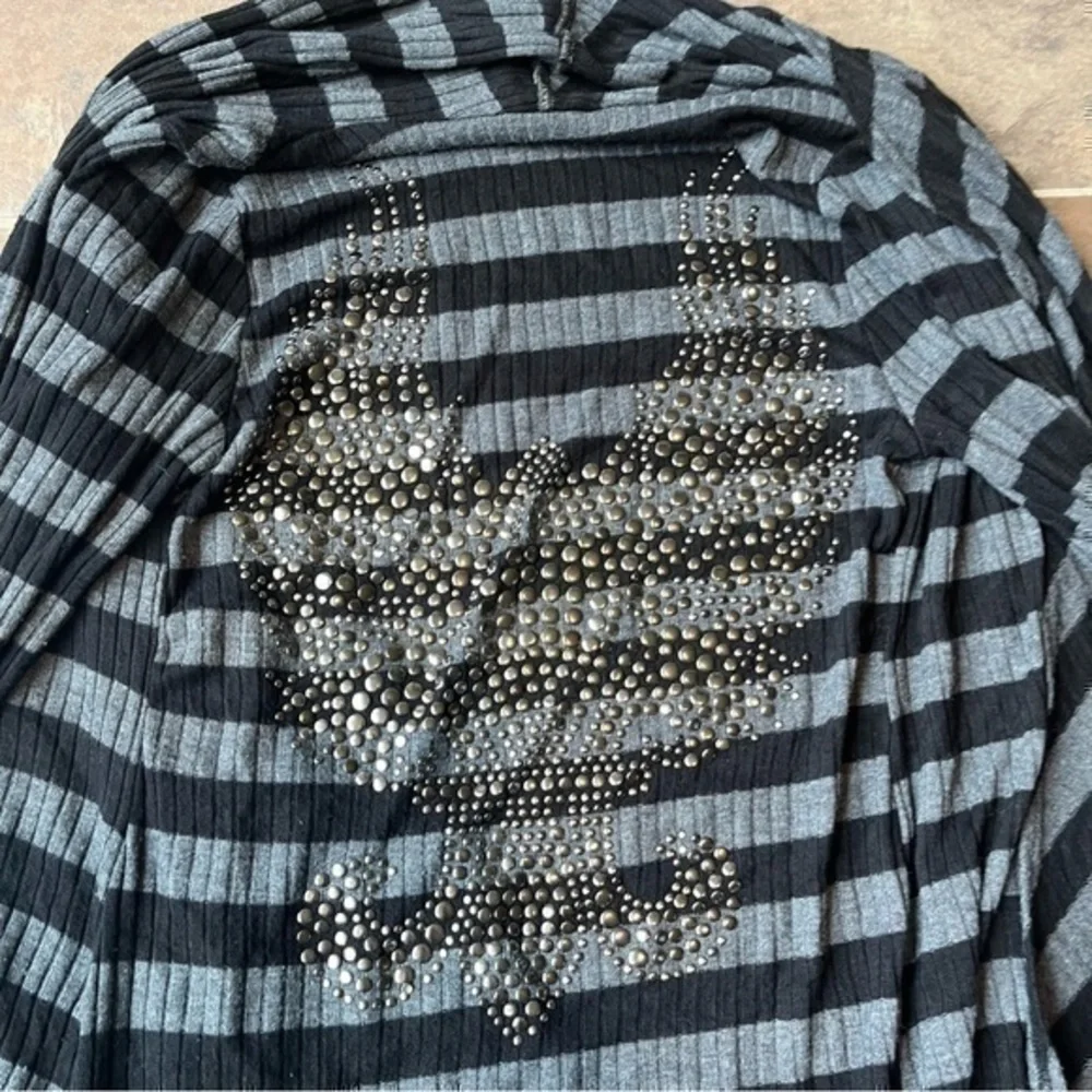 S.Twelve Gray Black Striped Skull Rhinestone Draped Cardigan Duster small